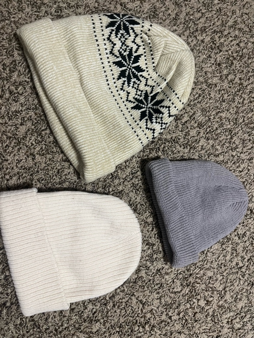 Set of 3 Knit Beanies - Cream, White & Light Gray (different styles)